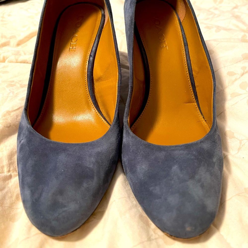 Blue suede coach wedges